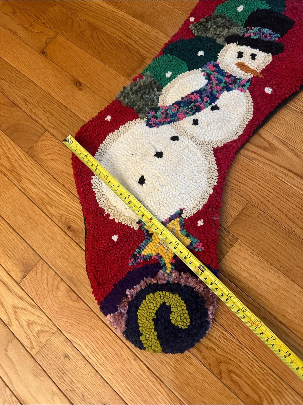 Beautiful vintage 36” wool and cotton handmade needlework snowman, star stocking